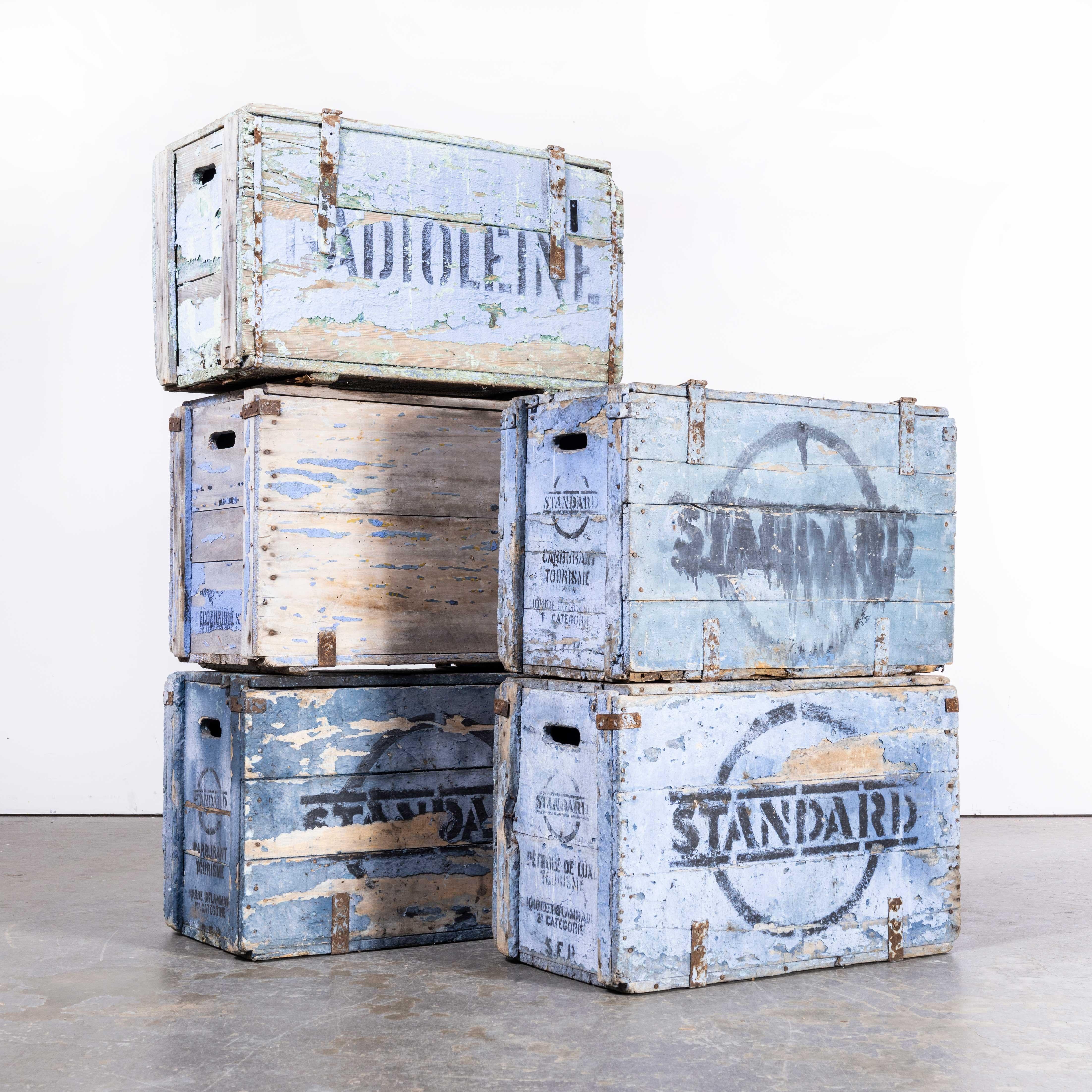 1920s Belgian Dusty Blue Hinged Crates
1920s Belgian Dusty Blue Hinged Crates. Highly unusual and early crates from the 1920s. With a hinged lid they were undoubtedly made as a shipping crates for transport. The crates retains the most superb