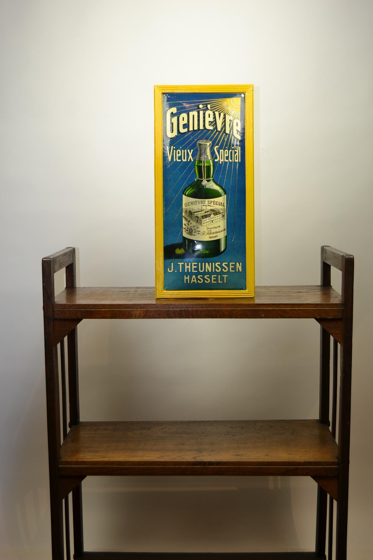 Rare antique lithographic tin sign for Belgian Genever, Gin company:
J. Theunissen - Vieux Spécial - Hasselt - Belgium.
This advertising sign dates from the 1920s, antique sign, antique billboard.
Signed: La Reclame Mondiale Firme L. Friezer &