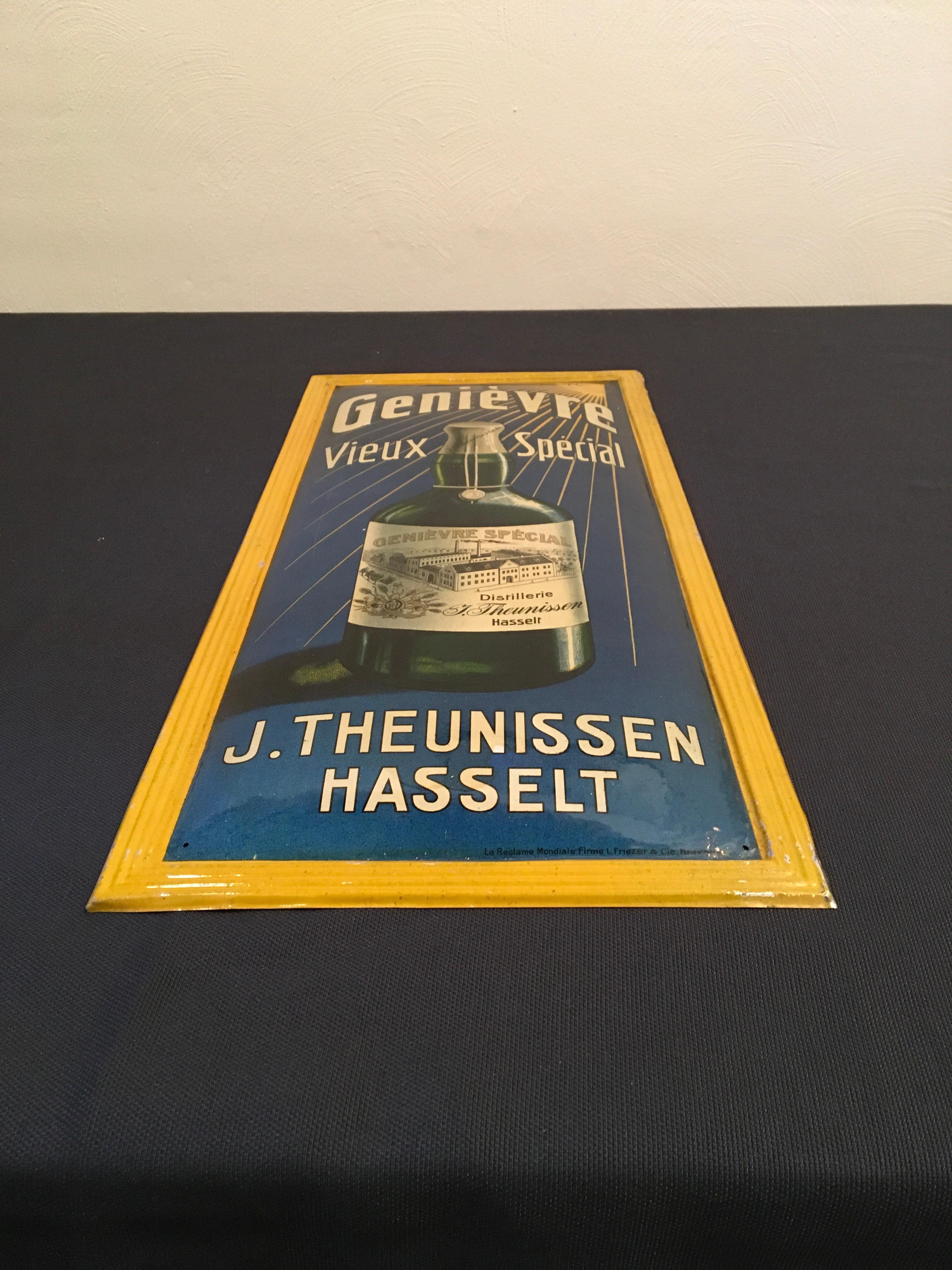 1920s Belgian Jenever Sign. 
Antique sign - Art Deco sign for Jenever Made in Belgium:  
J. Theunissen - Vieux Spécial - Hasselt - Belgium.
A lithographic tin sign from the 1920s signed La Reclame Mondiale Firme L. Friezer & Cie. Bruxelles