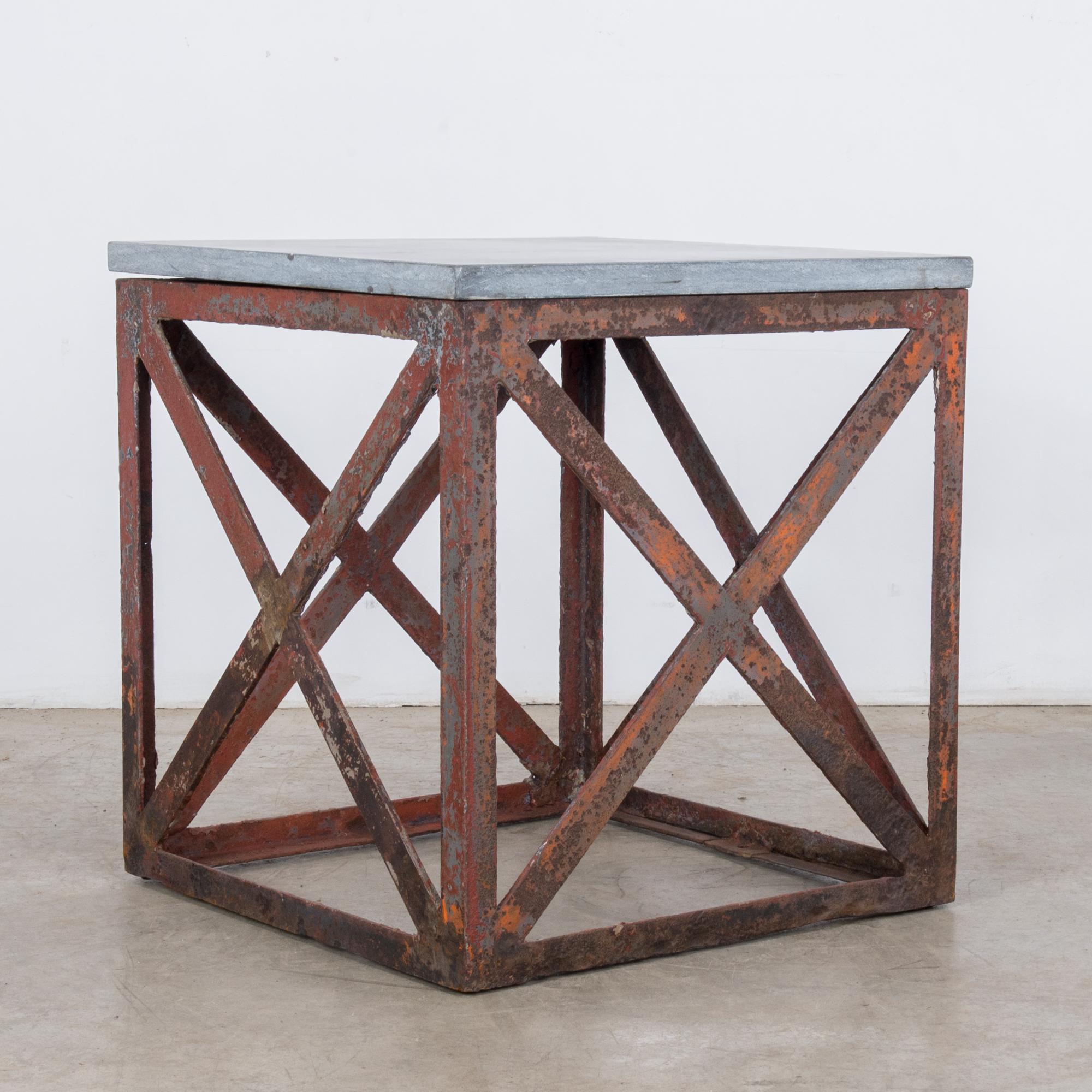 Industrial 1920s Belgian Metal and Stone Side Table