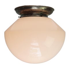 1920s Belgian White Opaline Glass Flush Mount Ceiling Lamp