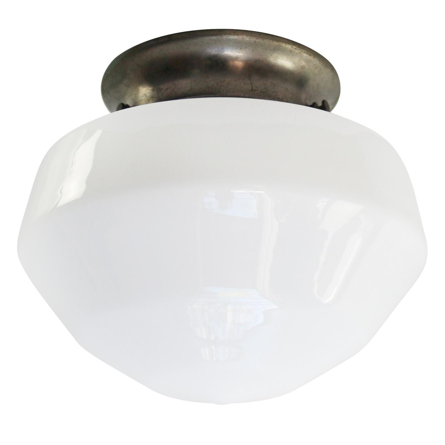 Mid-Century Modern 1920s Belgian White Opaline Glass Flush Mount Ceiling Lamp For Sale