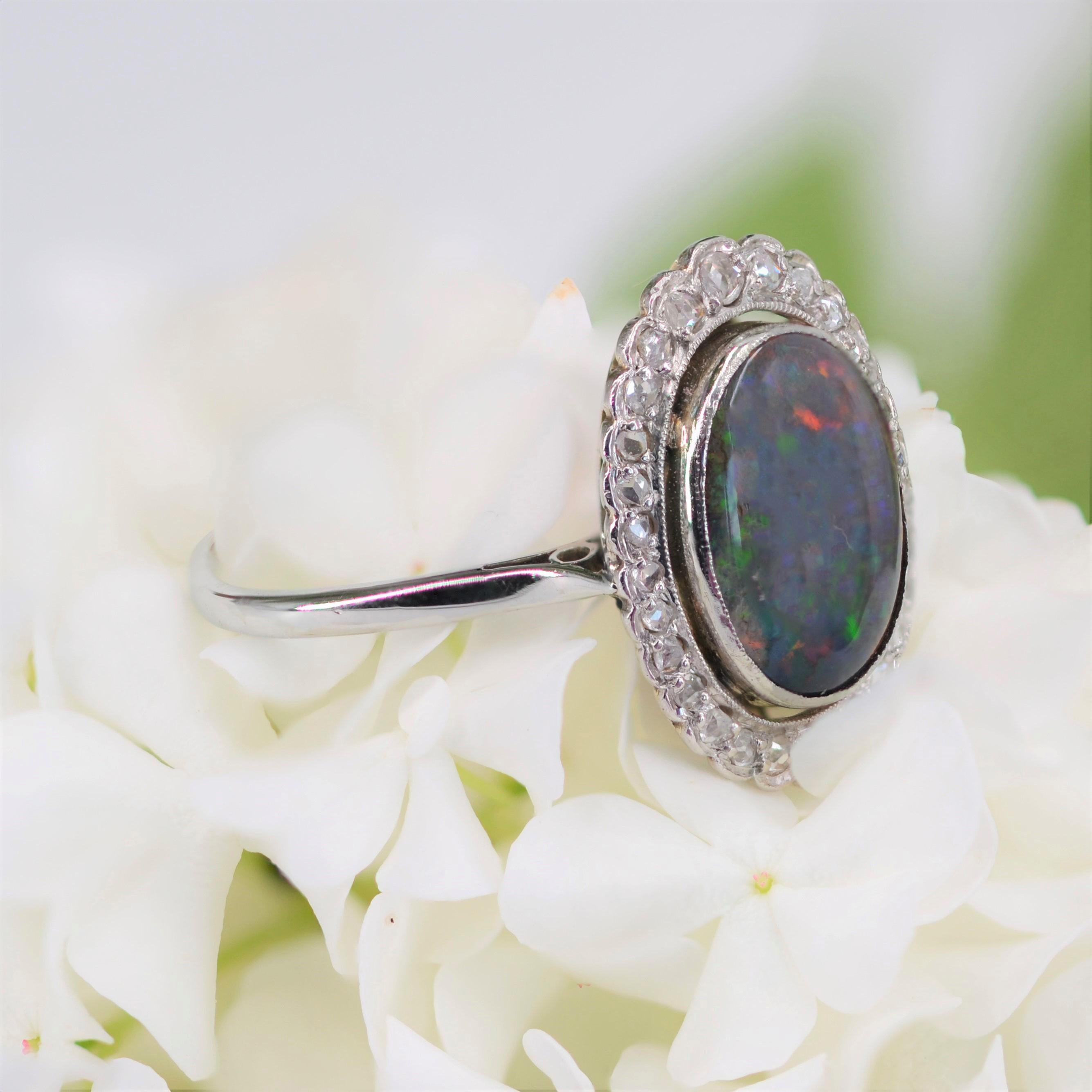 1920s Belle epoque 2.21 Carat Black Opal Diamonds Platinum Ring 3