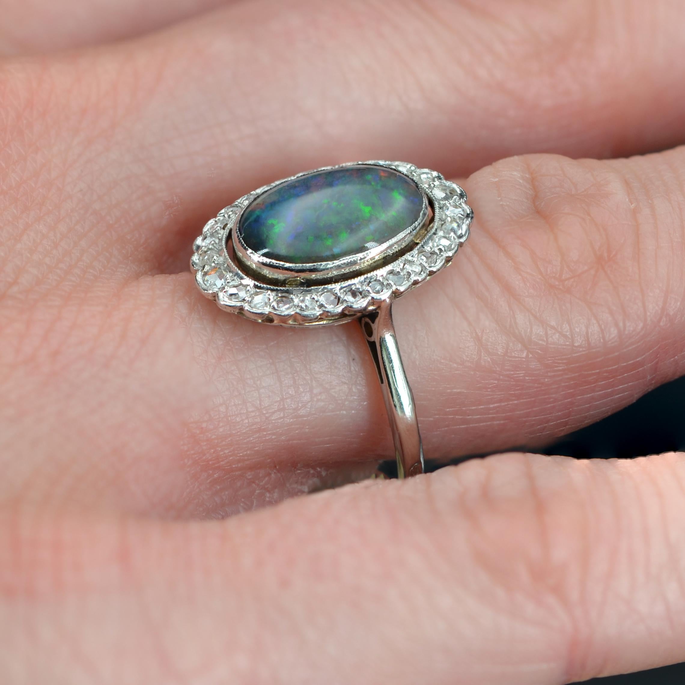 1920s Belle epoque 2.21 Carat Black Opal Diamonds Platinum Ring 5
