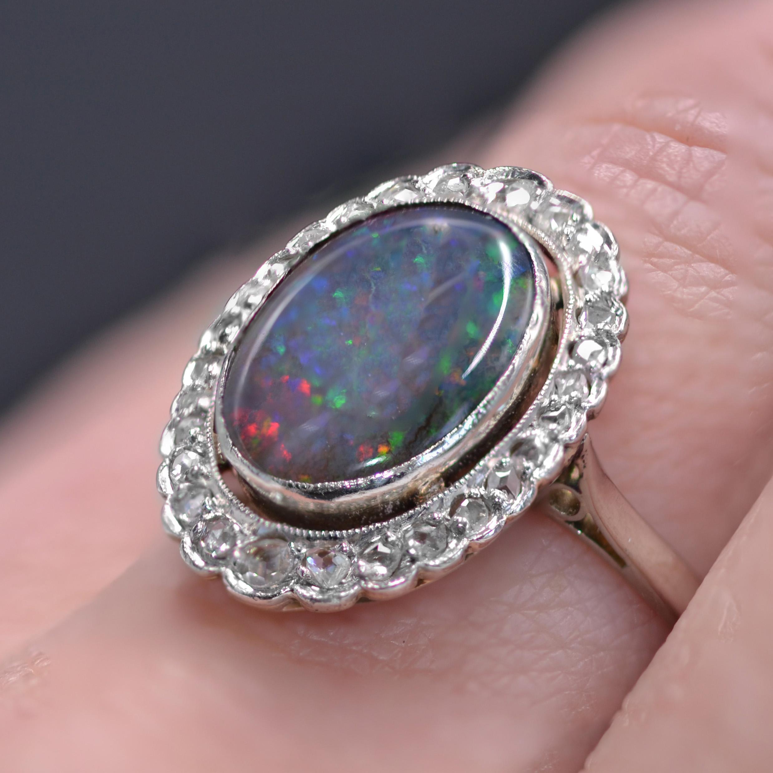 1920s Belle epoque 2.21 Carat Black Opal Diamonds Platinum Ring 8