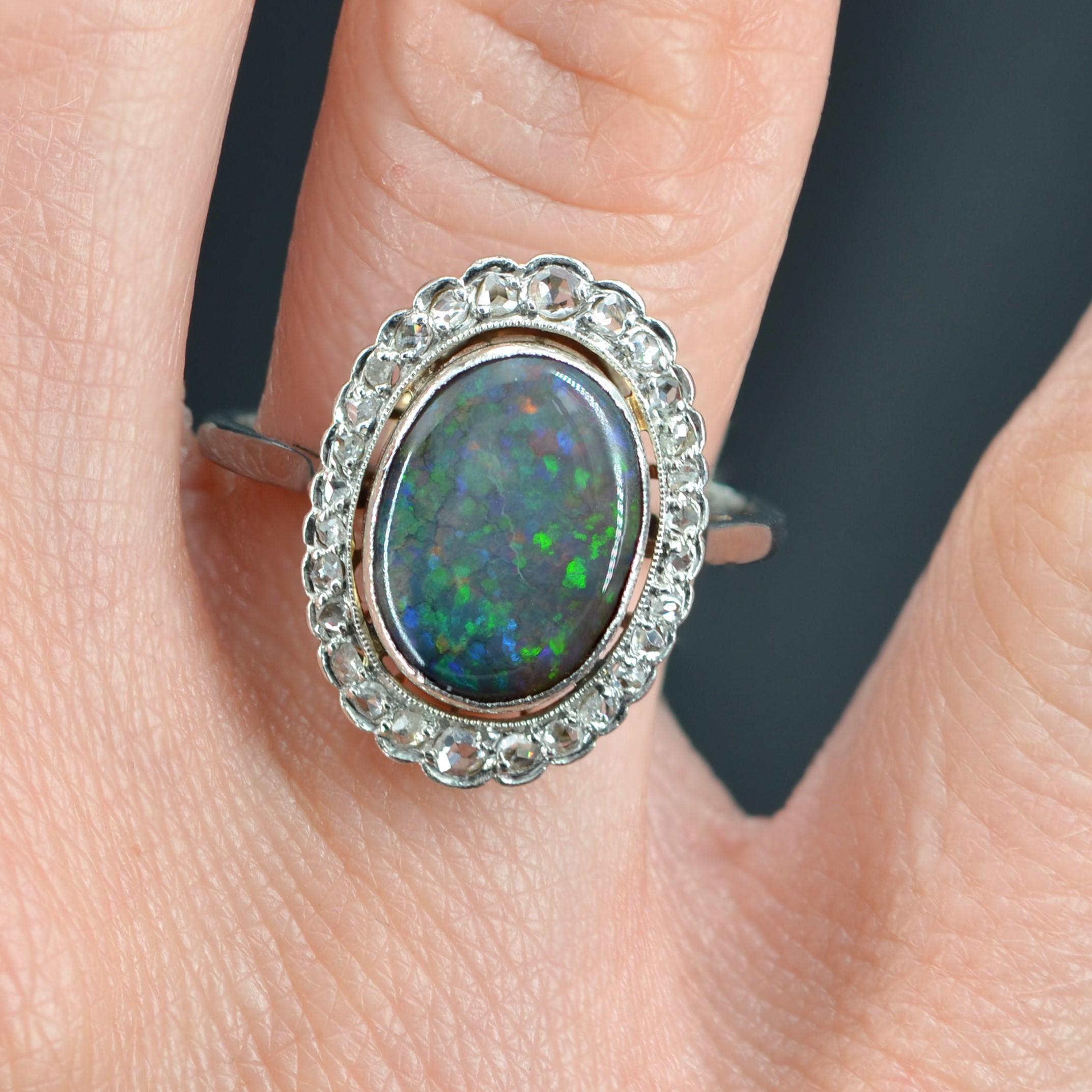 Belle Époque 1920s Belle epoque 2.21 Carat Black Opal Diamonds Platinum Ring