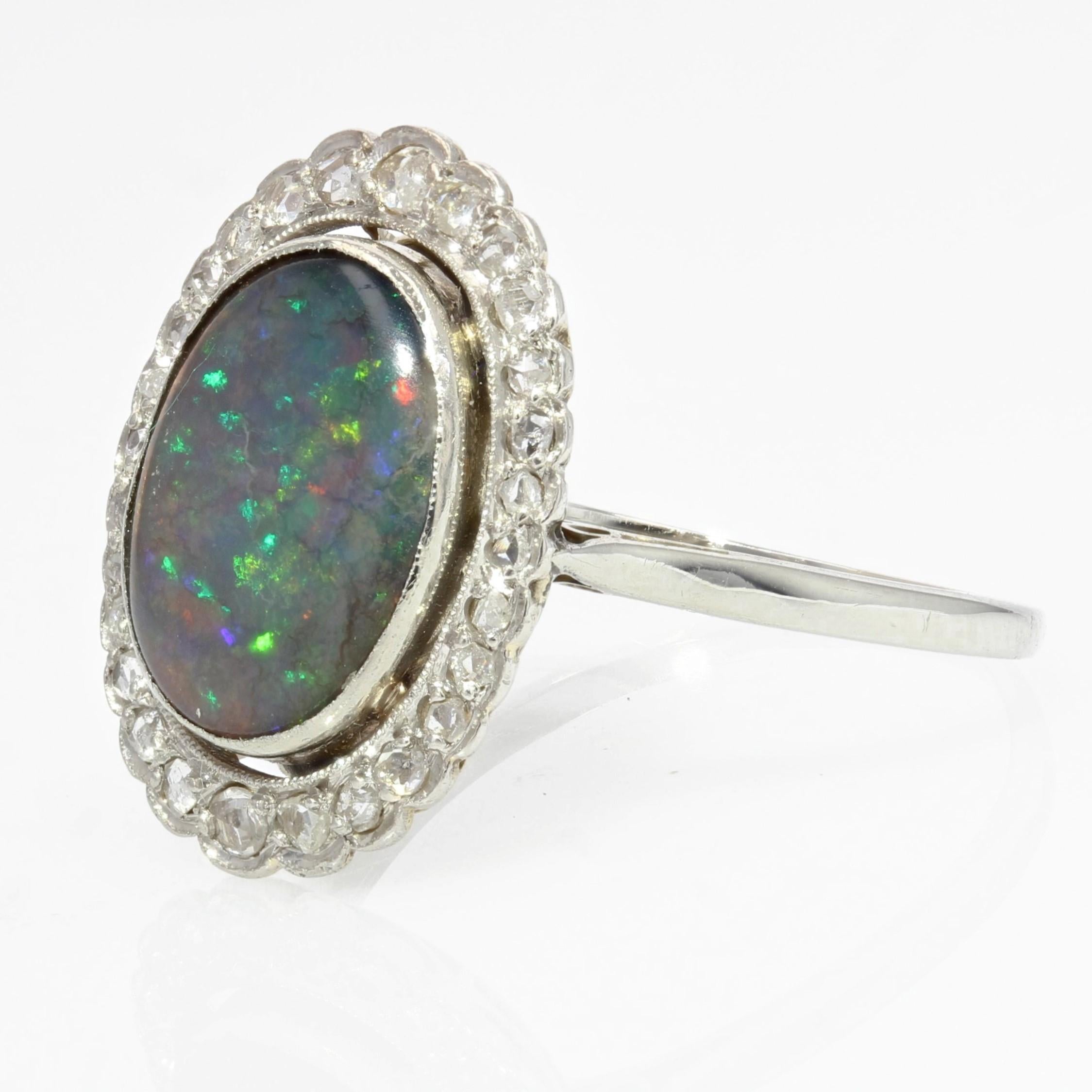 Oval Cut 1920s Belle epoque 2.21 Carat Black Opal Diamonds Platinum Ring