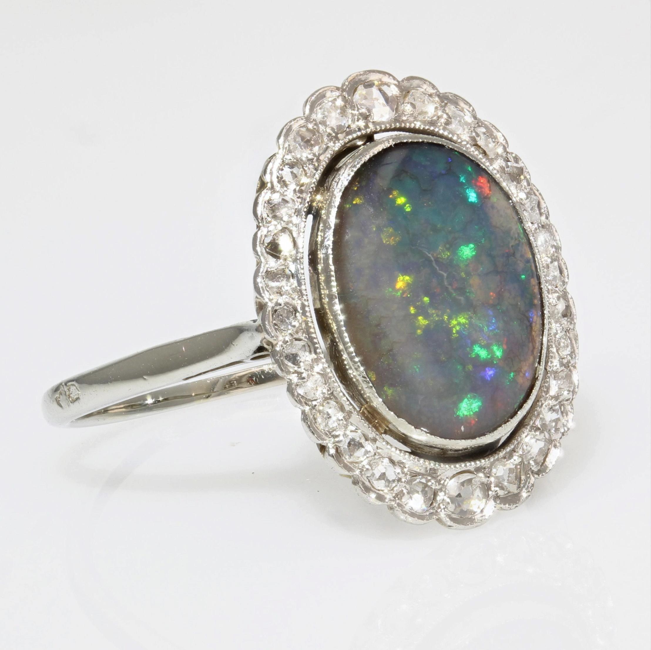 Women's 1920s Belle epoque 2.21 Carat Black Opal Diamonds Platinum Ring