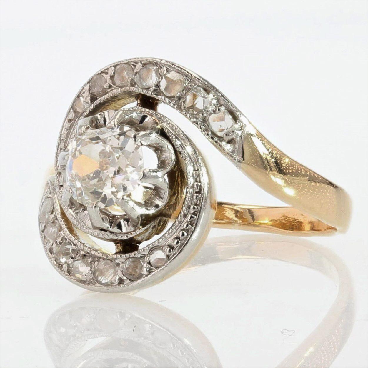 Antique Cushion Cut 1920s Belle Epoque Diamond 18 Karat Yellow Gold Swirl Ring