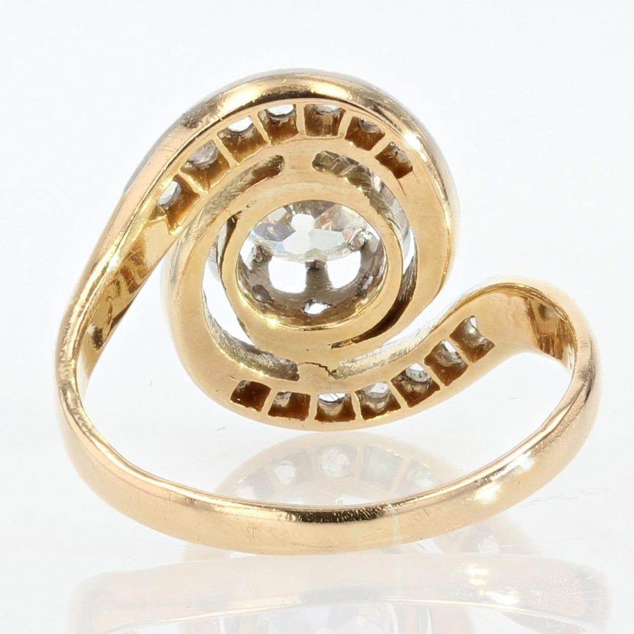 1920s Belle Epoque Diamond 18 Karat Yellow Gold Swirl Ring 1