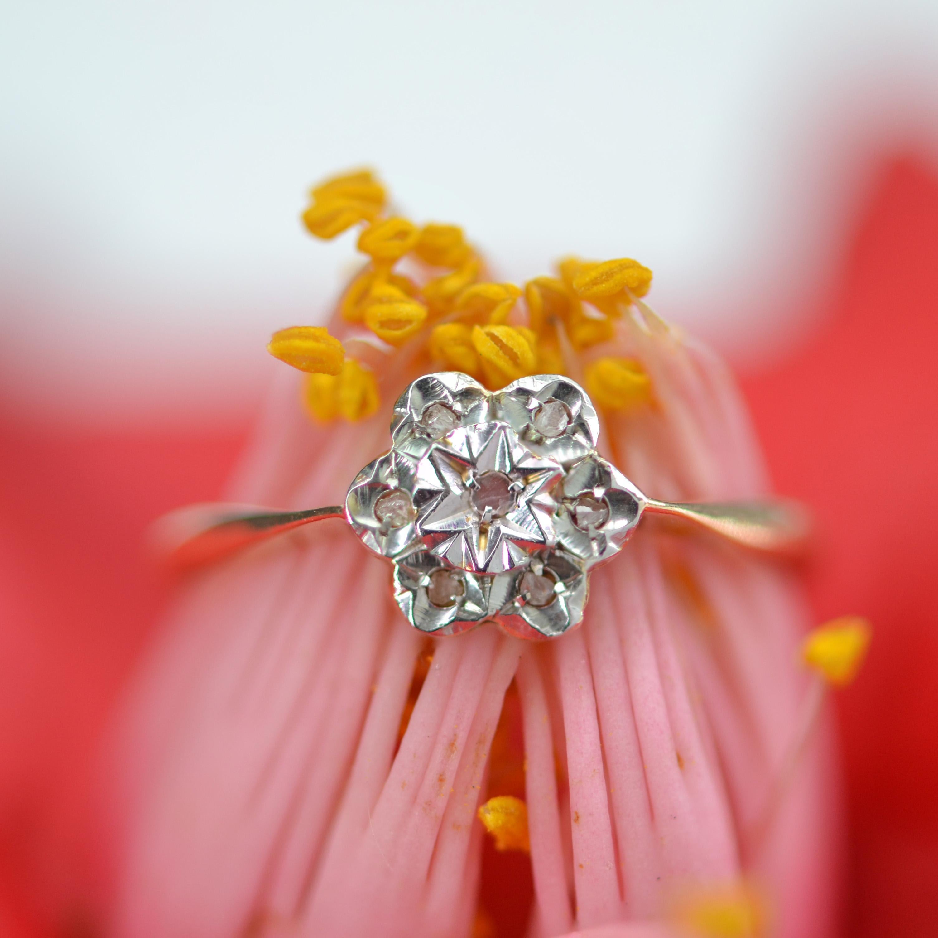Belle Époque 1920s Belle Epoque Rose- Cut Diamonds 18 Karat Yellow White Gold Flower Ring For Sale