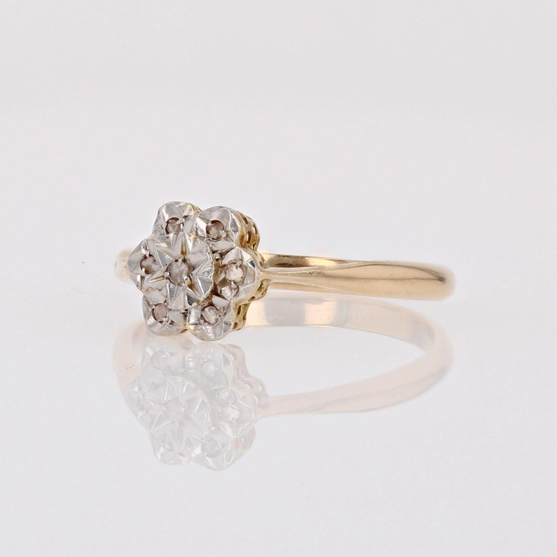 Rose Cut 1920s Belle Epoque Rose- Cut Diamonds 18 Karat Yellow White Gold Flower Ring For Sale