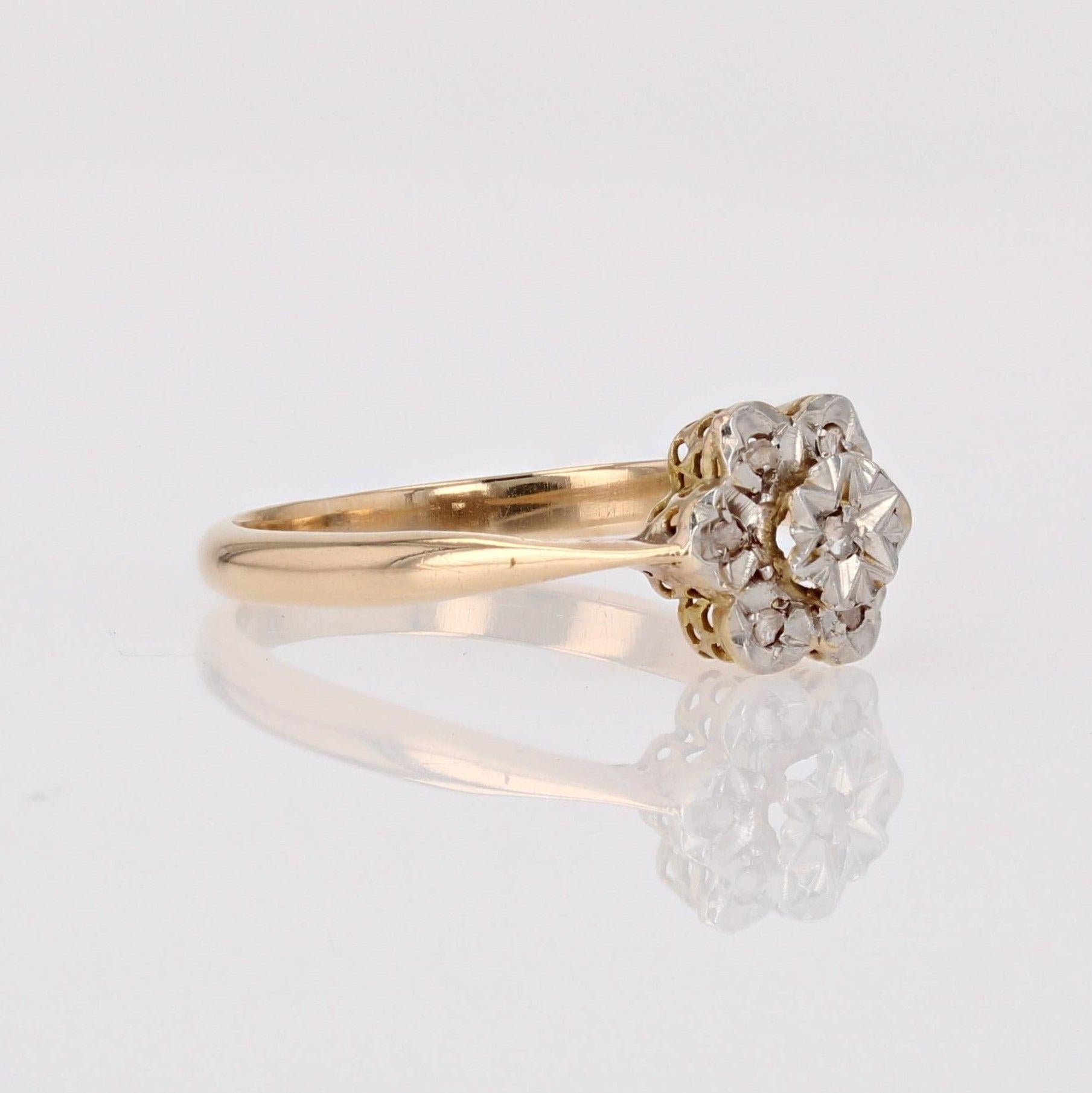 Women's 1920s Belle Epoque Rose- Cut Diamonds 18 Karat Yellow White Gold Flower Ring For Sale
