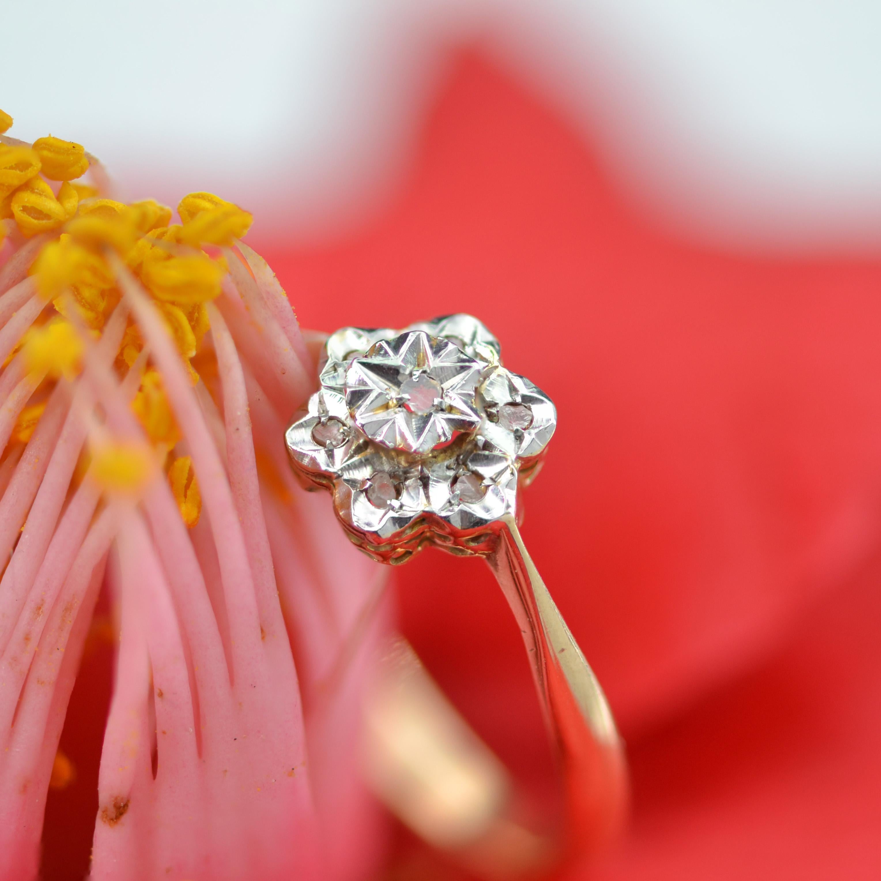 1920s Belle Epoque Rose- Cut Diamonds 18 Karat Yellow White Gold Flower Ring For Sale 1