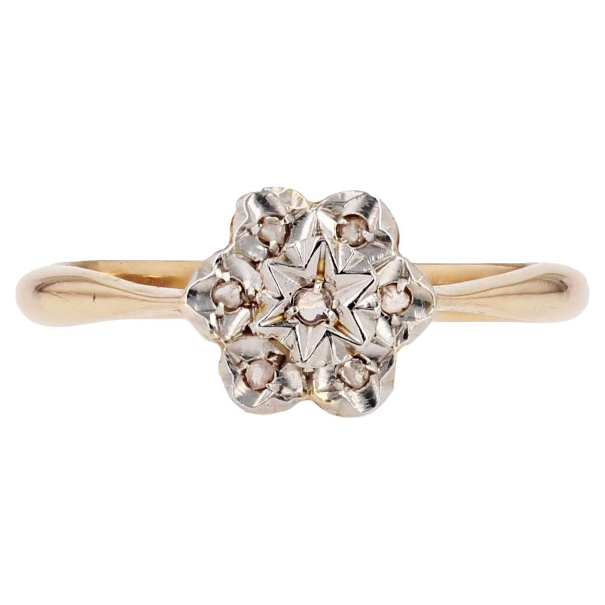 1920s Belle Epoque Rose- Cut Diamonds 18 Karat Yellow White Gold Flower Ring For Sale