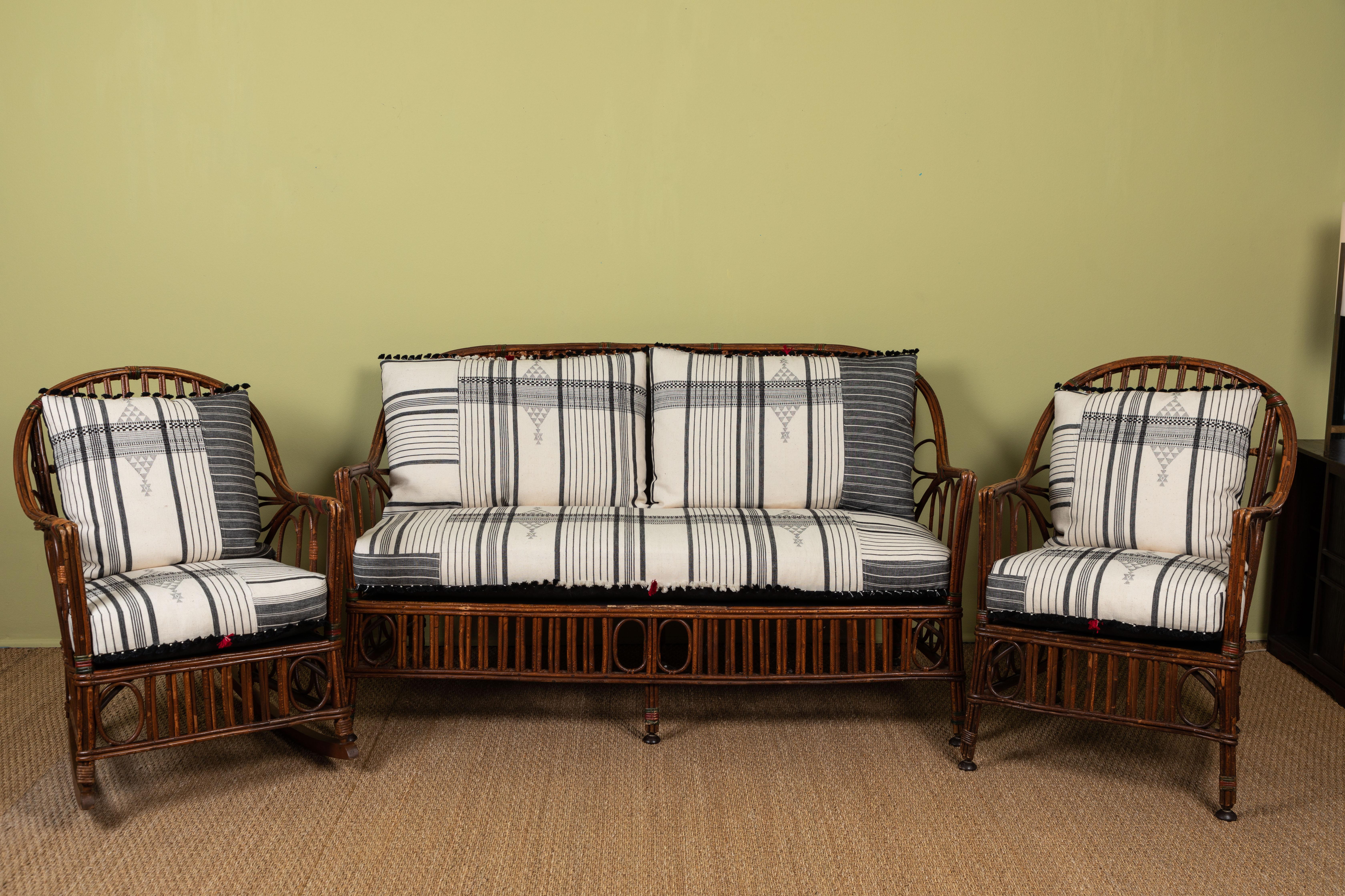 Classic East Coast Americana loveseat with cushions made of Injiri organic cotton textiles from India. Textile has areas of hand embroidery and hand tied tassels at edges. Part of a set with rocker and but can be purchased individually.
