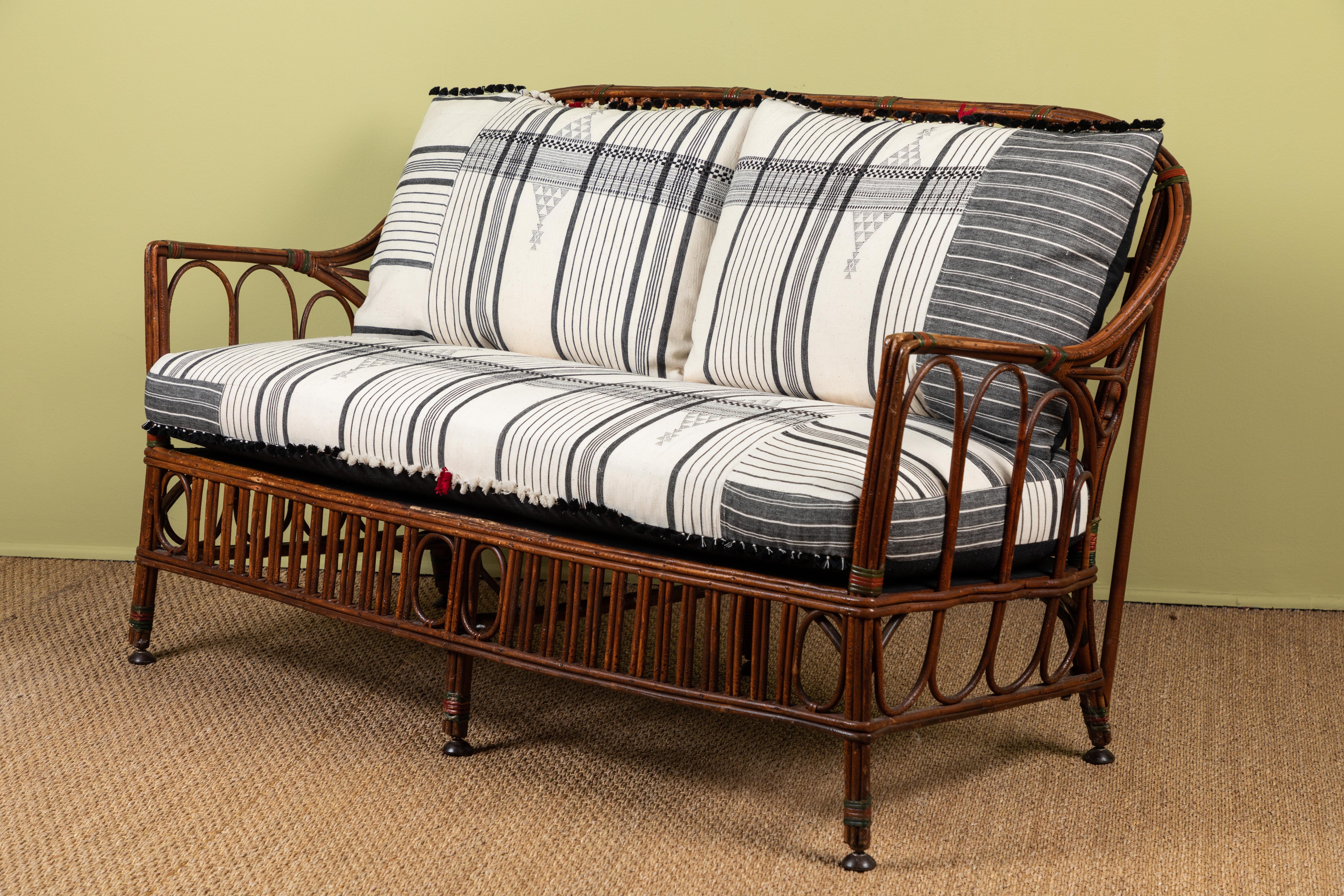 1920s Bent Wood Settee with Injiri Upholstery In Good Condition For Sale In Los Angeles, CA