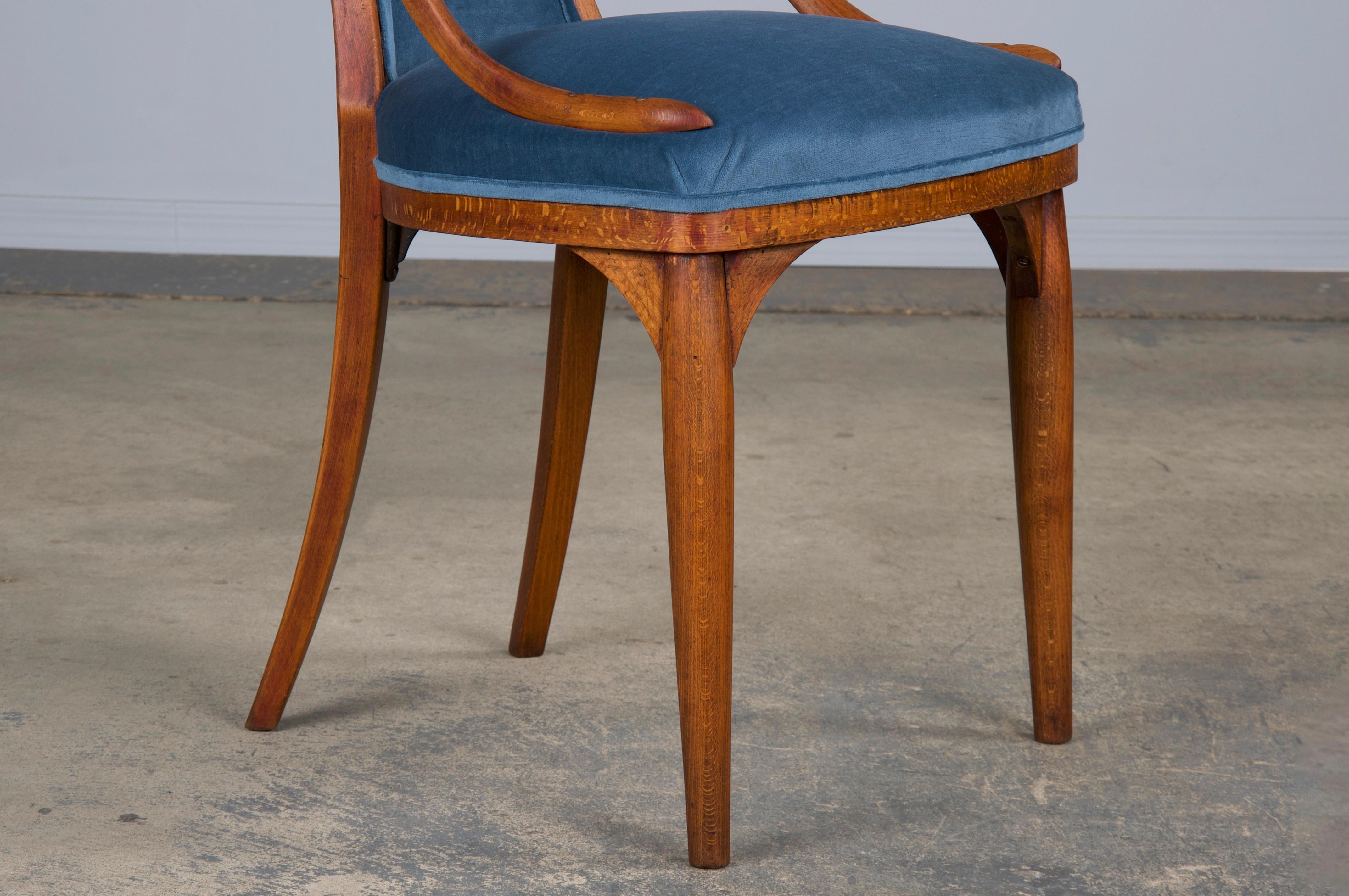 1920s Bentwood Gondola Dining Chairs W/ Blue Velvet by Thonet- Set of 6- Labeled 6