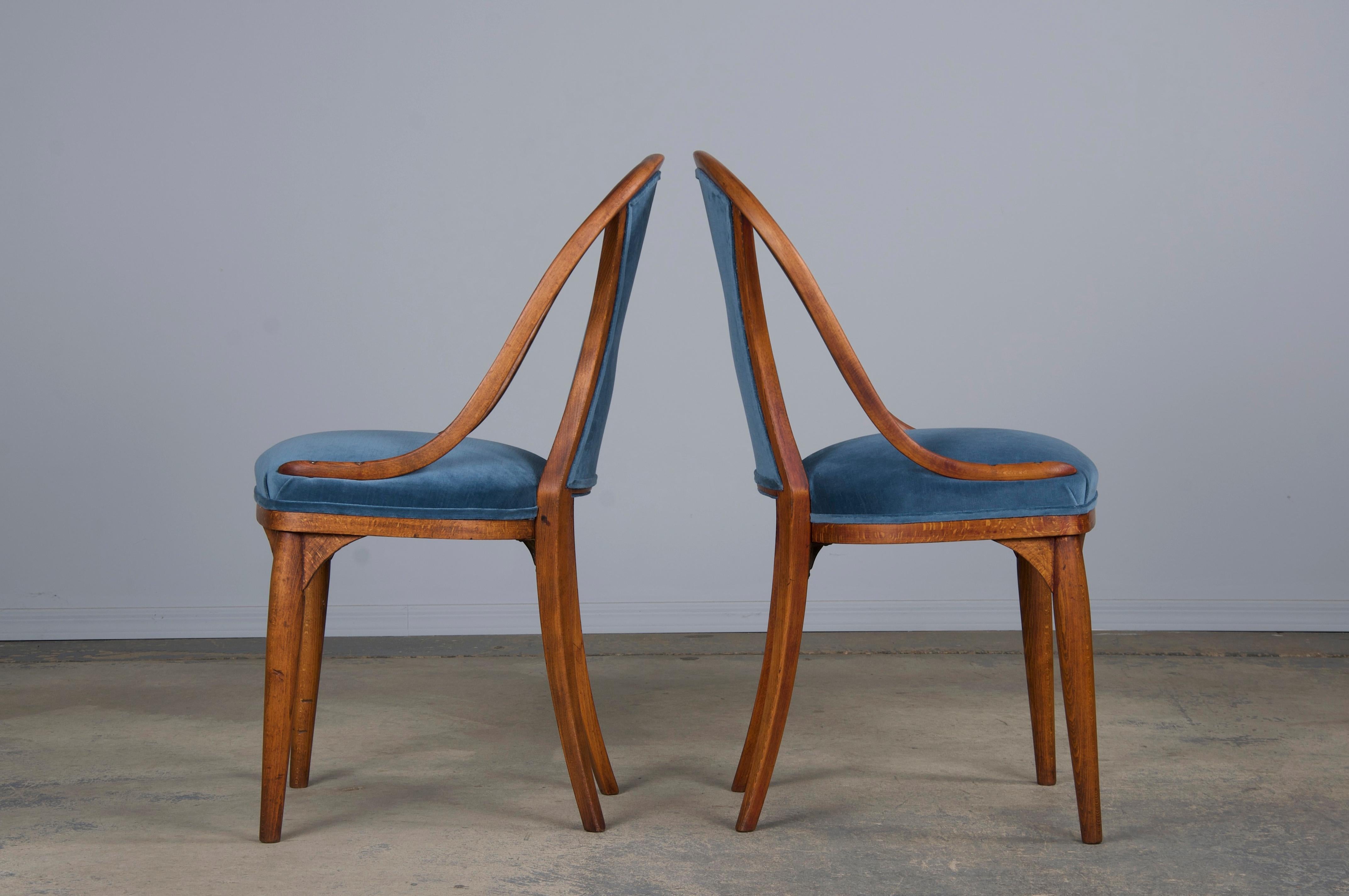 1920s Bentwood Gondola Dining Chairs W/ Blue Velvet by Thonet- Set of 6- Labeled 7