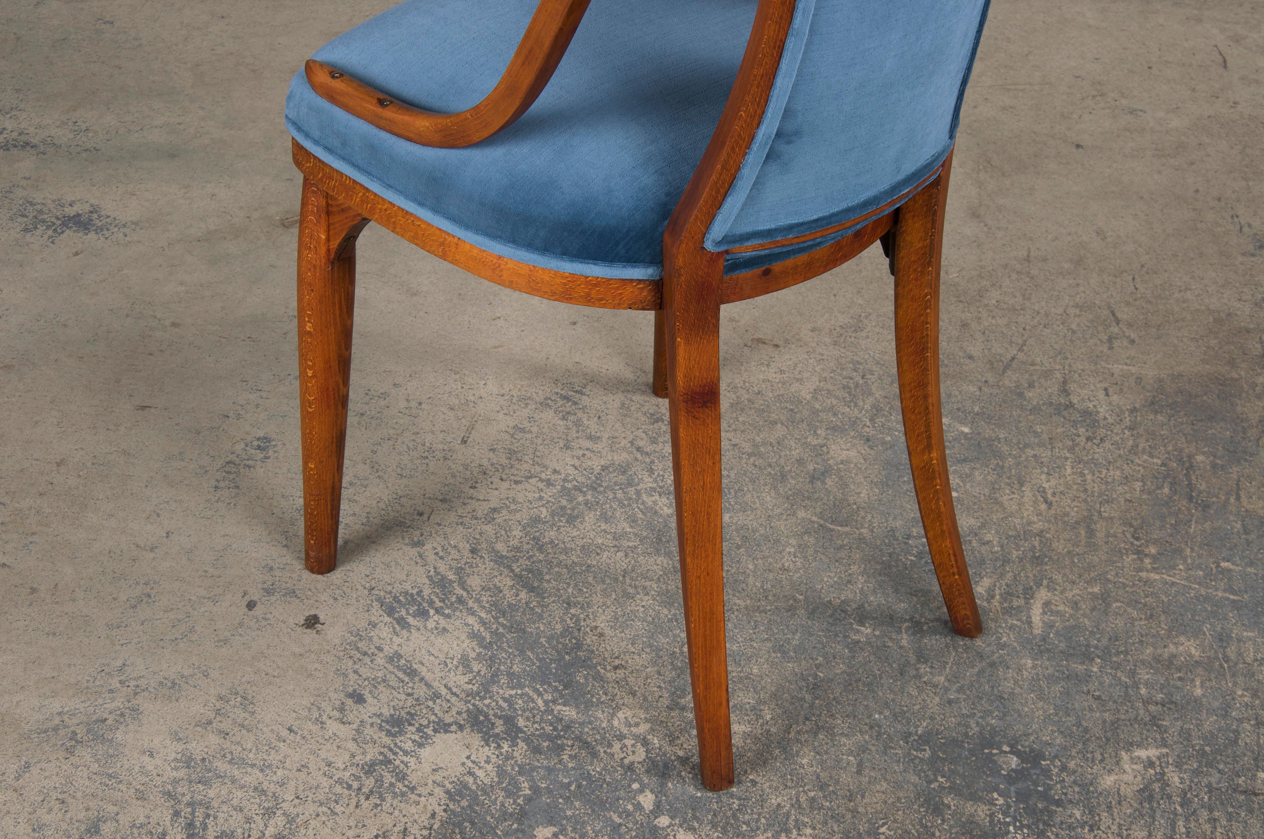 1920s Bentwood Gondola Dining Chairs W/ Blue Velvet by Thonet- Set of 6- Labeled 8
