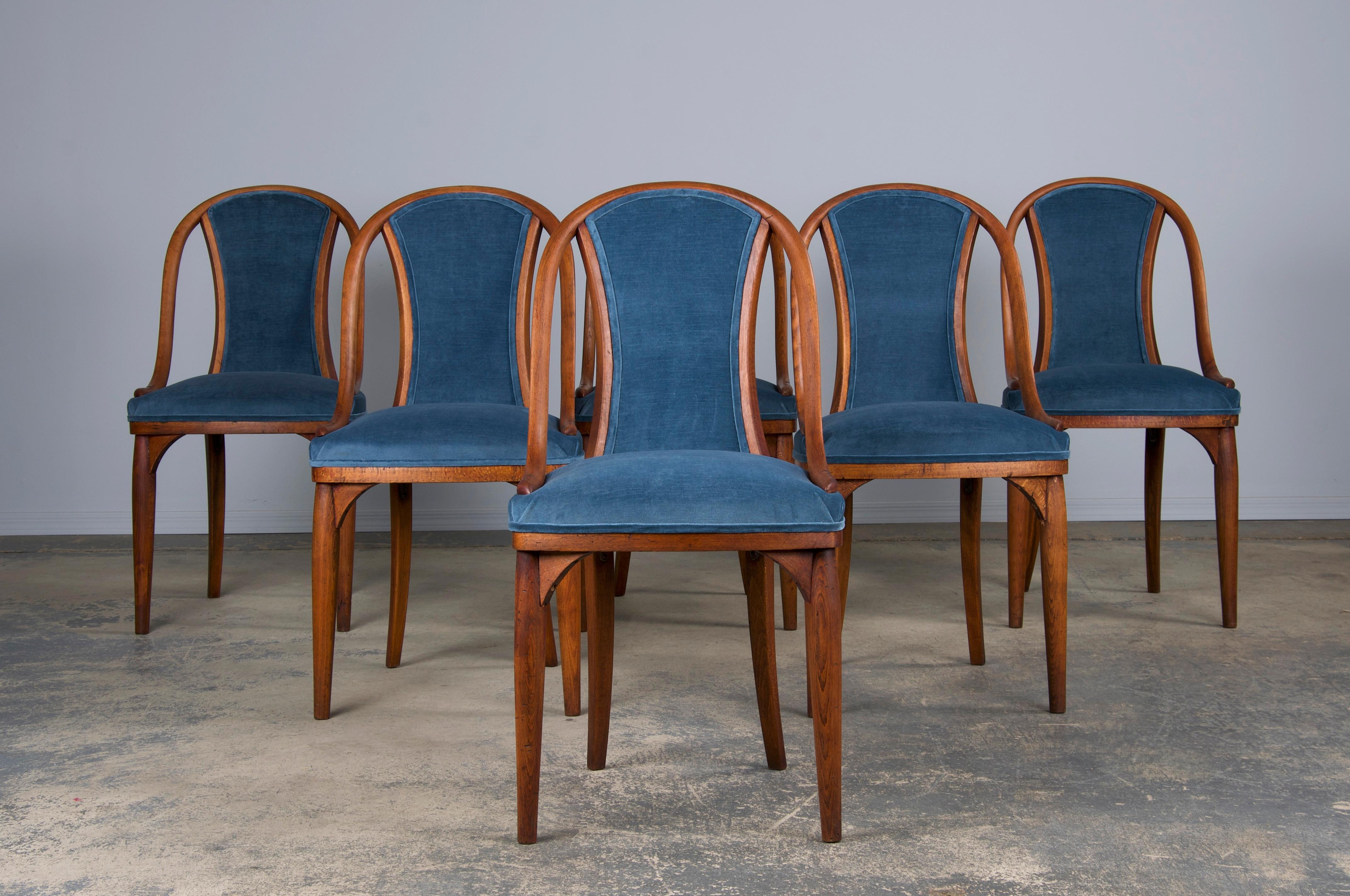 1920s Bentwood Gondola Dining Chairs W/ Blue Velvet by Thonet- Set of 6- Labeled 11
