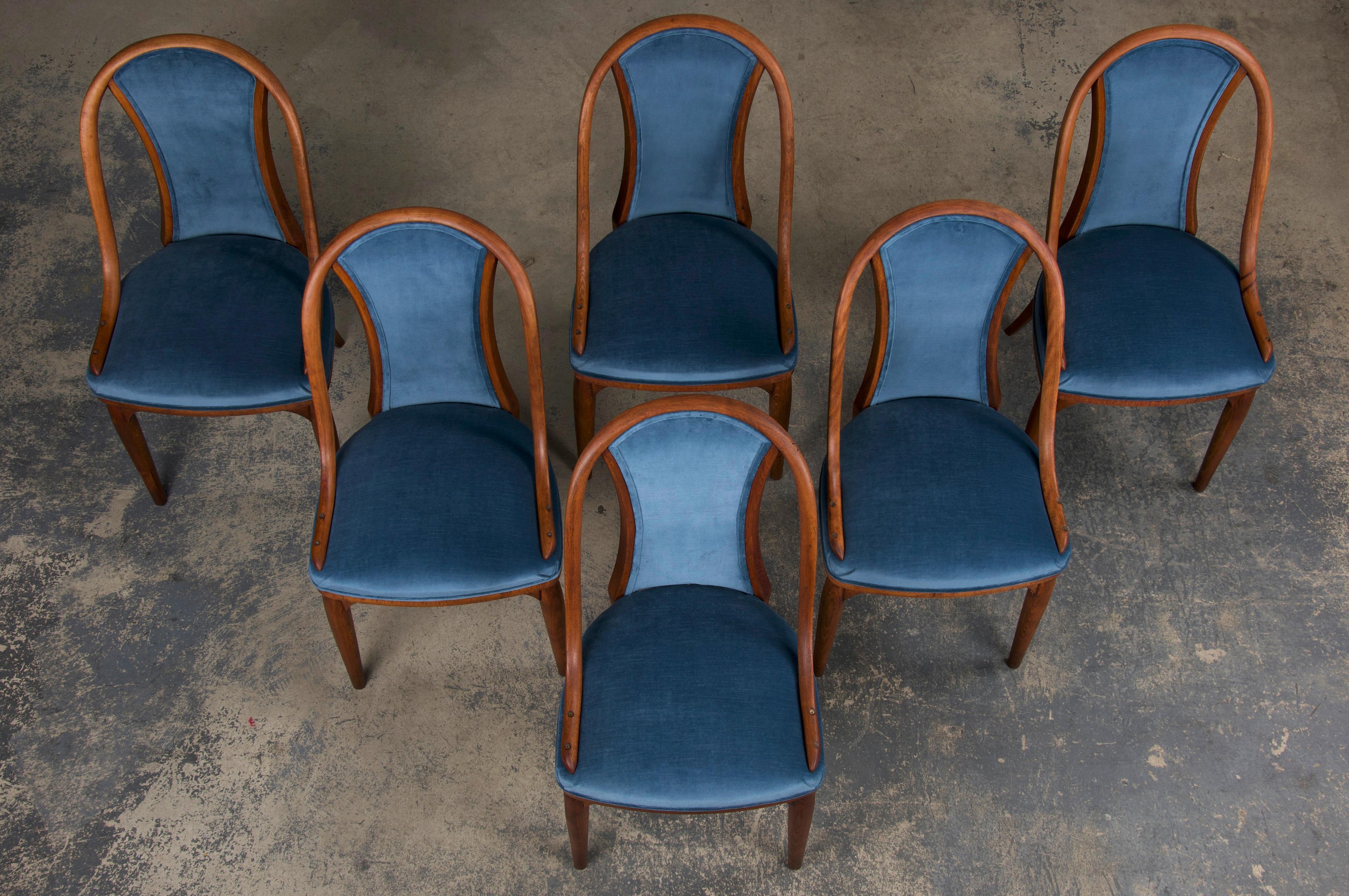 European 1920s Bentwood Gondola Dining Chairs W/ Blue Velvet by Thonet- Set of 6- Labeled