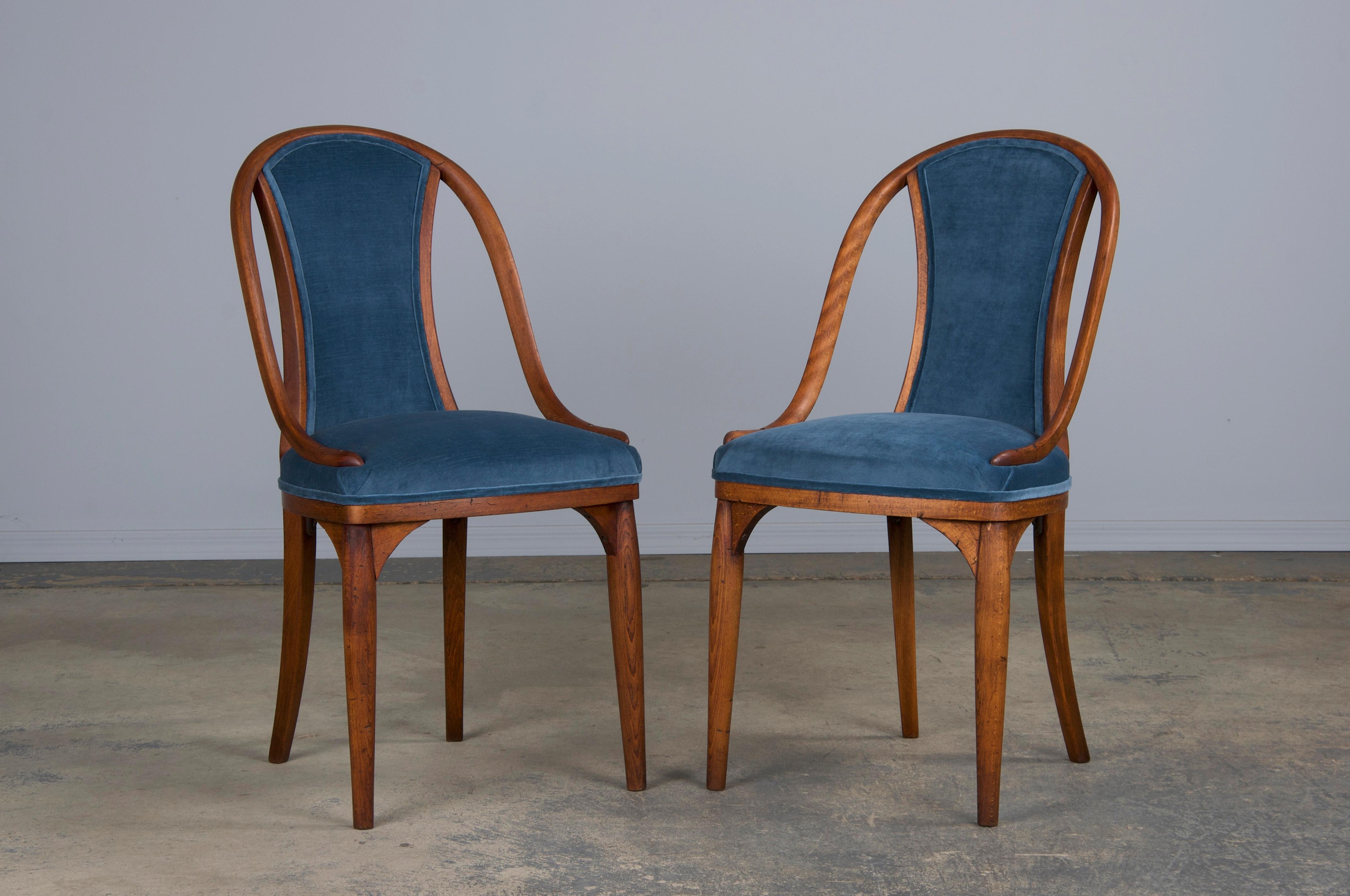 1920s Bentwood Gondola Dining Chairs W/ Blue Velvet by Thonet- Set of 6- Labeled 1