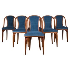 1920s Bentwood Gondola Dining Chairs W/ Blue Velvet by Thonet- Set of 6- Labeled