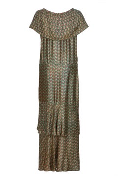 1920s Best and Co Green Lame Tiered Deco Print Dress