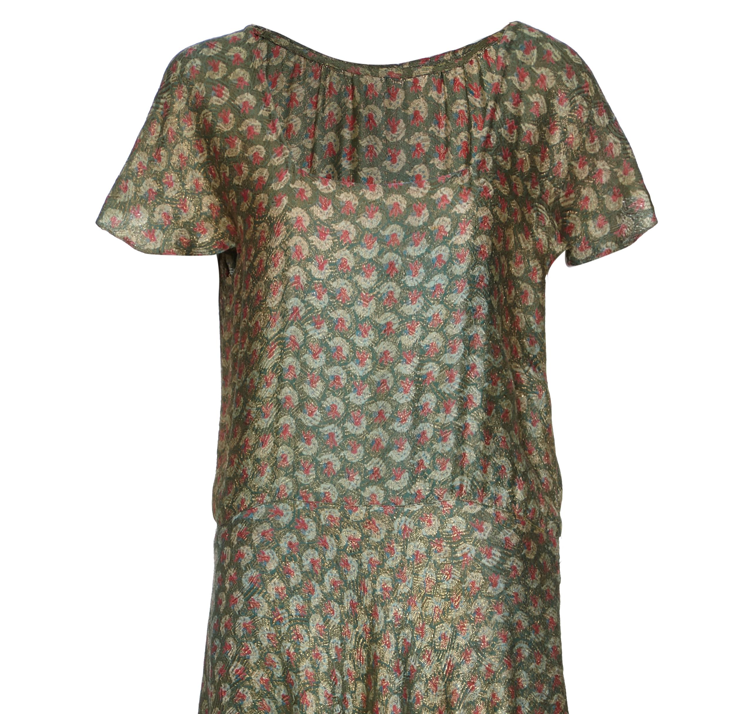Brown 1920s Best and Co Green Lame Tiered Deco Print Dress  For Sale