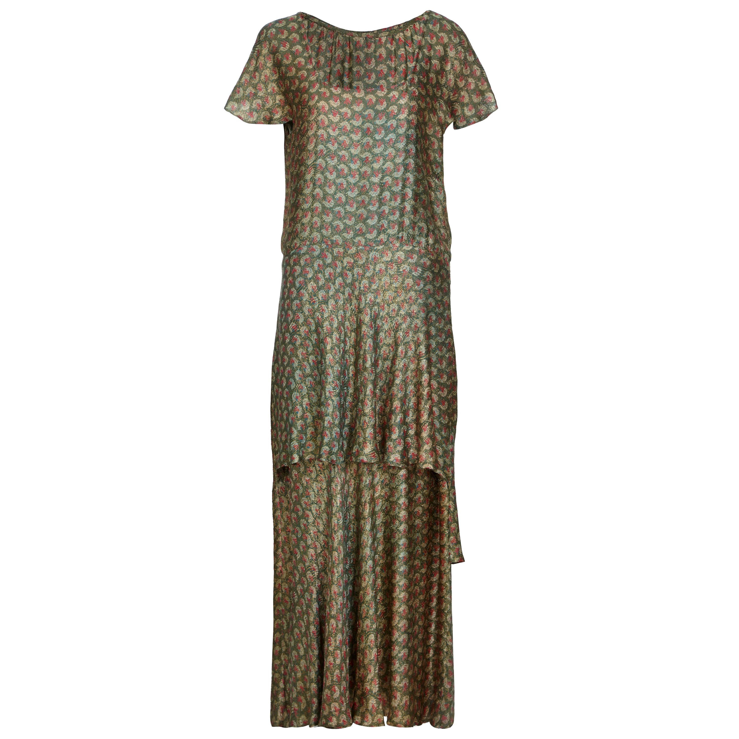 1920s Best and Co Green Lame Tiered Deco Print Dress  For Sale