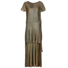 1920s Best and Co Green Lame Tiered Deco Print Dress 