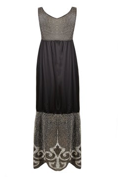 1920s Black and Cream Silk Beaded Long Flapper Dress