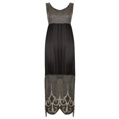 1920s Black and Cream Silk Beaded Long Flapper Dress