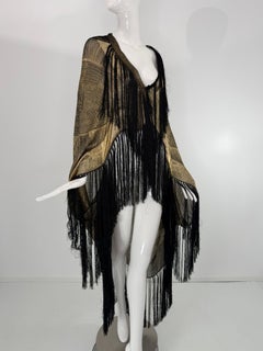 1920s Black and Gold Metallic Lame With Black Fringe Evening Cape