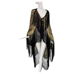 1920s Black and Gold Metallic Lame With Black Fringe Evening Cape