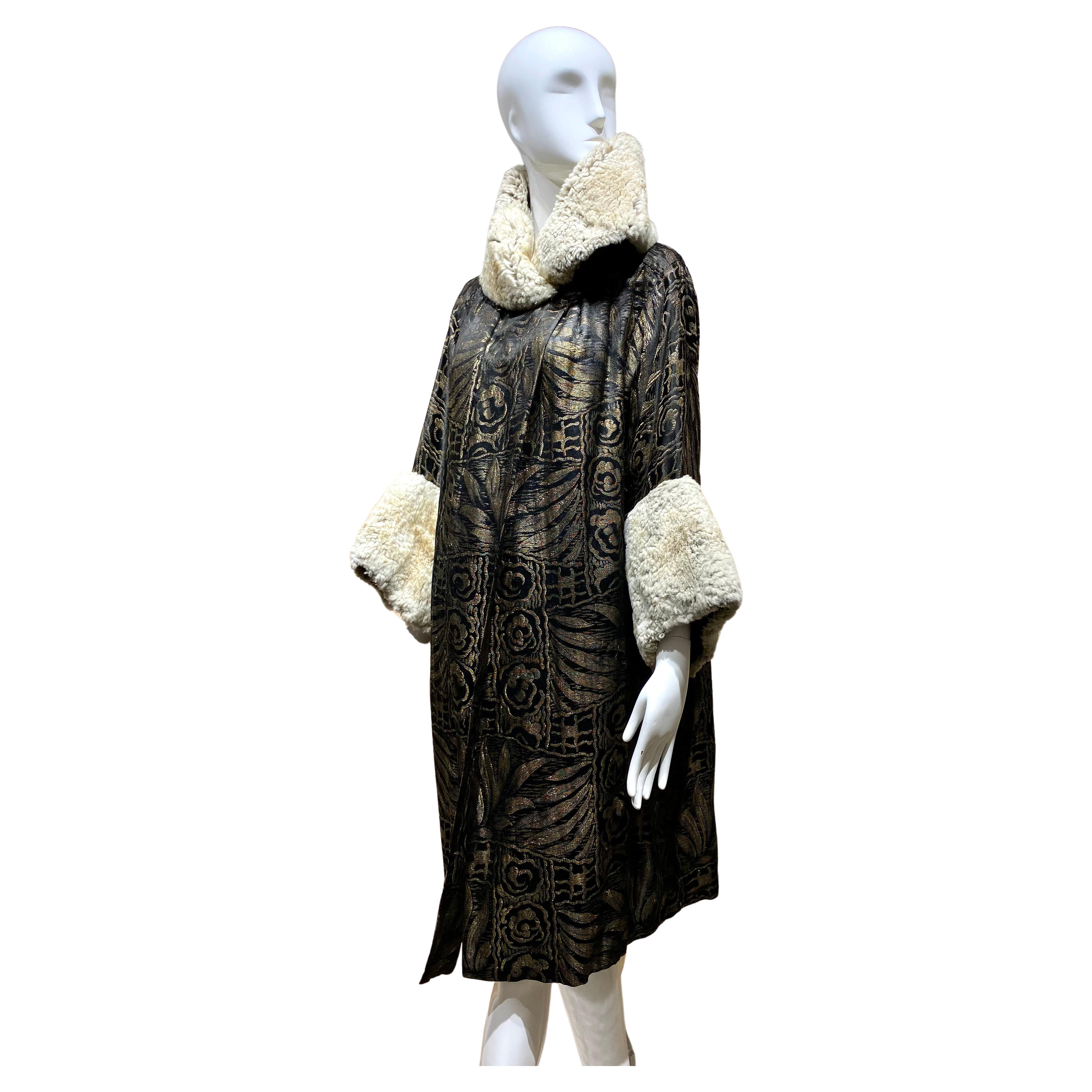1920s Black and Gold Silk Lame Coat with Fur