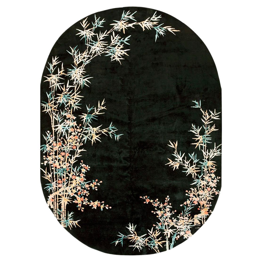 1920s Black Bamboo Stalk Antique Oval Chinese Art Deco Rug 8
6"x 11
9" Carpet For Sale