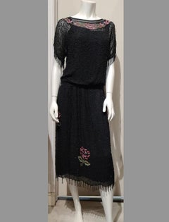 1920s Black Beaded Dress with Pink Flower Motif