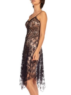 1920S Black Beaded Lace Spaghetti Strap Dress With High-Low Back