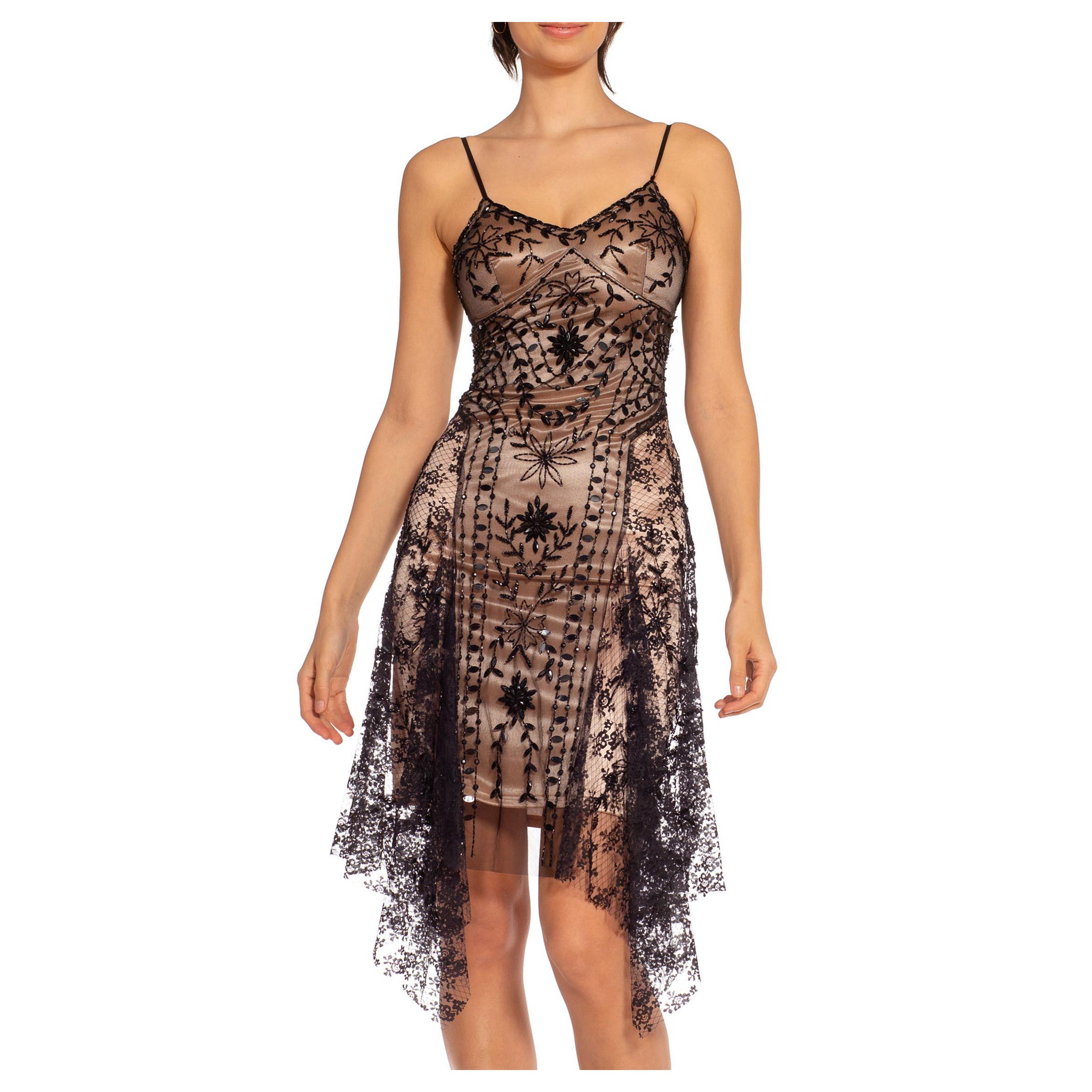 1920S Black Beaded Lace Spaghetti Strap Dress With High-Low Back
