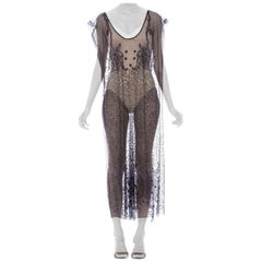 1920S Black Beaded Silk & Cotton Net One Size Tabard Cocktail Dress
