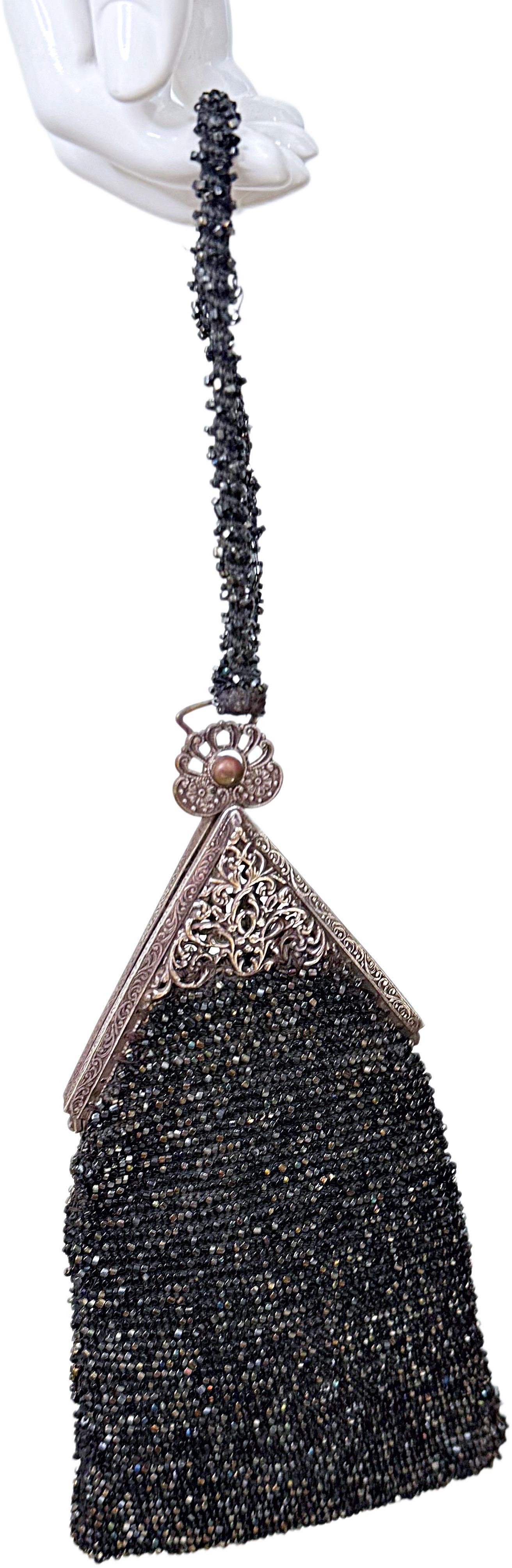 1920s Black Beaded Wristlet Art Deco Triangular Vintage 20s Evening Bag Purse For Sale 8