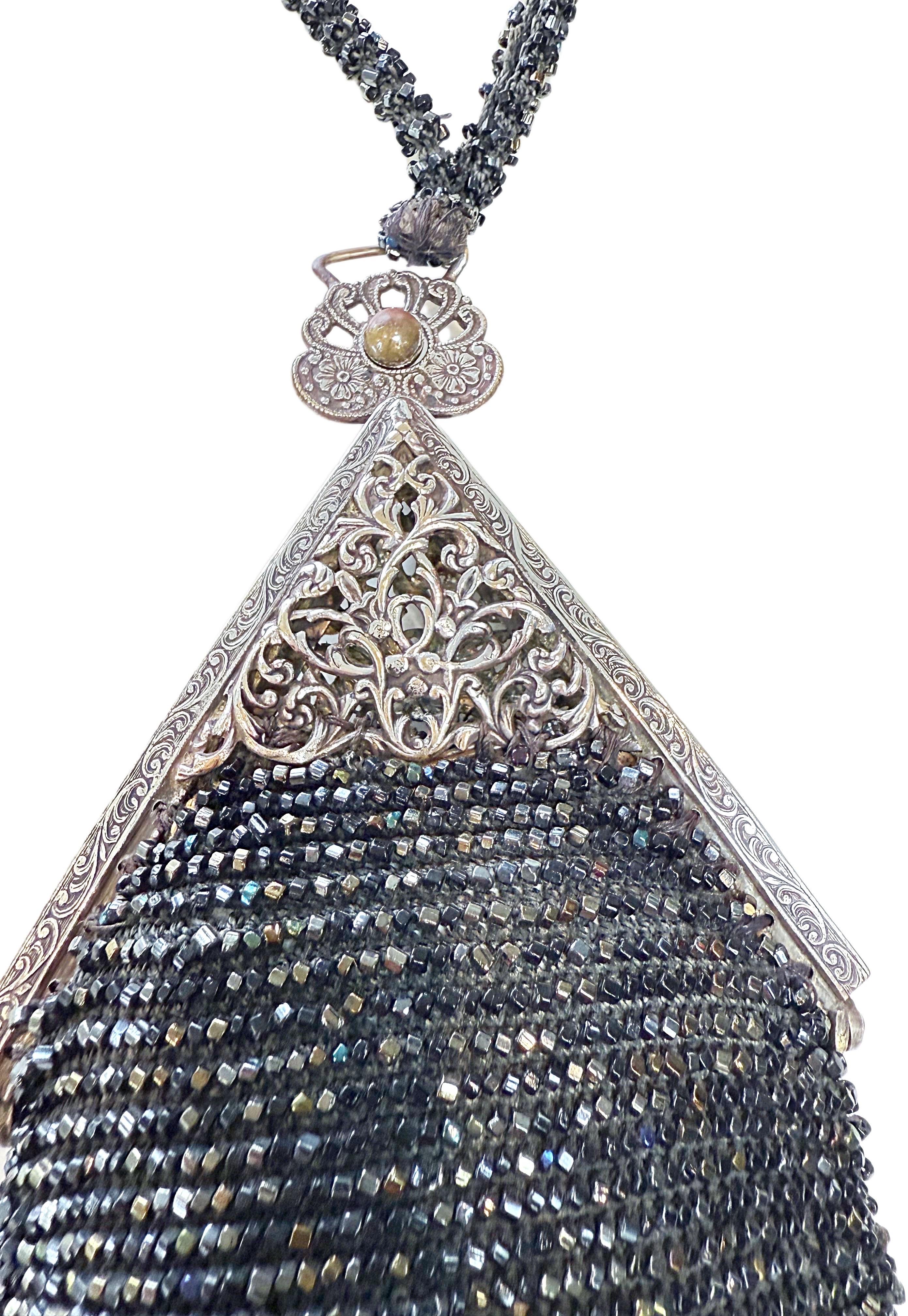 1920s Black Beaded Wristlet Art Deco Triangular Vintage 20s Evening Bag Purse For Sale 1