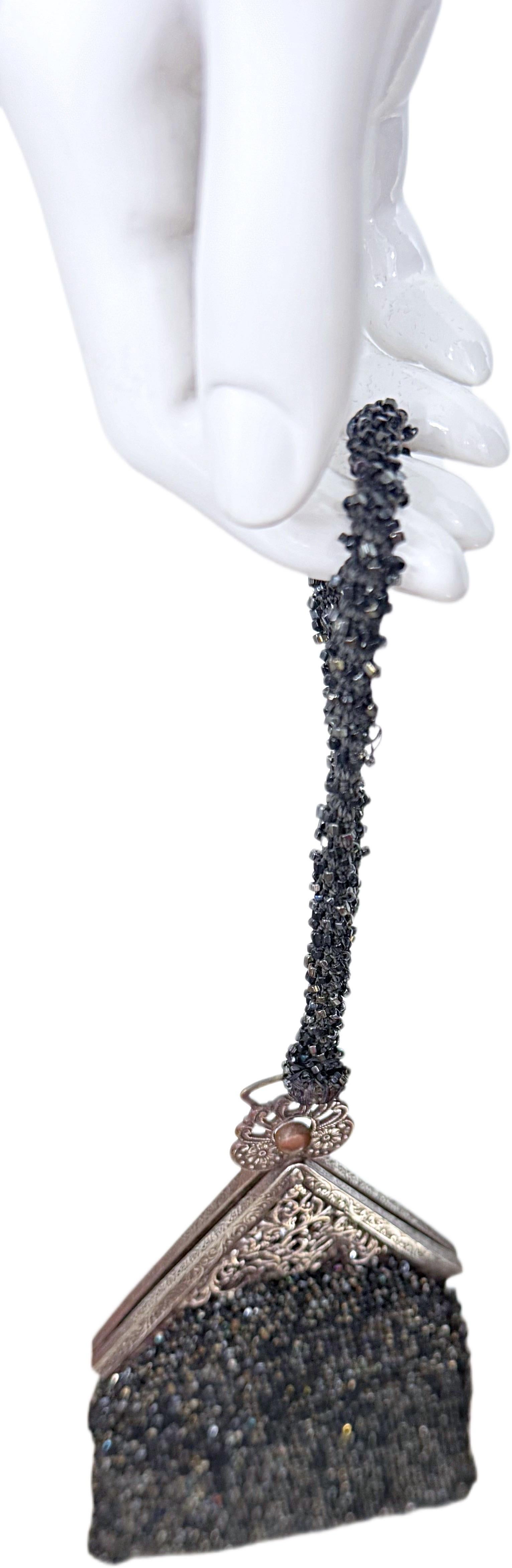 1920s Black Beaded Wristlet Art Deco Triangular Vintage 20s Evening Bag Purse For Sale 3