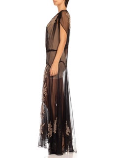 1920S Black & Beige Silk Chiffon Sheer Dress With Lace Appliqués XL
