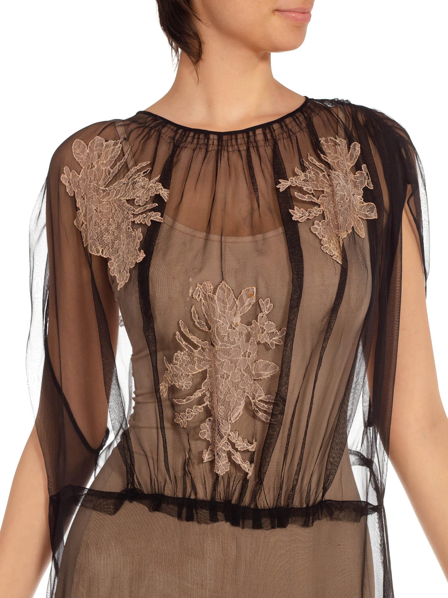 1920S Black & Beige Silk Chiffon Sheer Dress With Lace Appliqués Xl For Sale 2