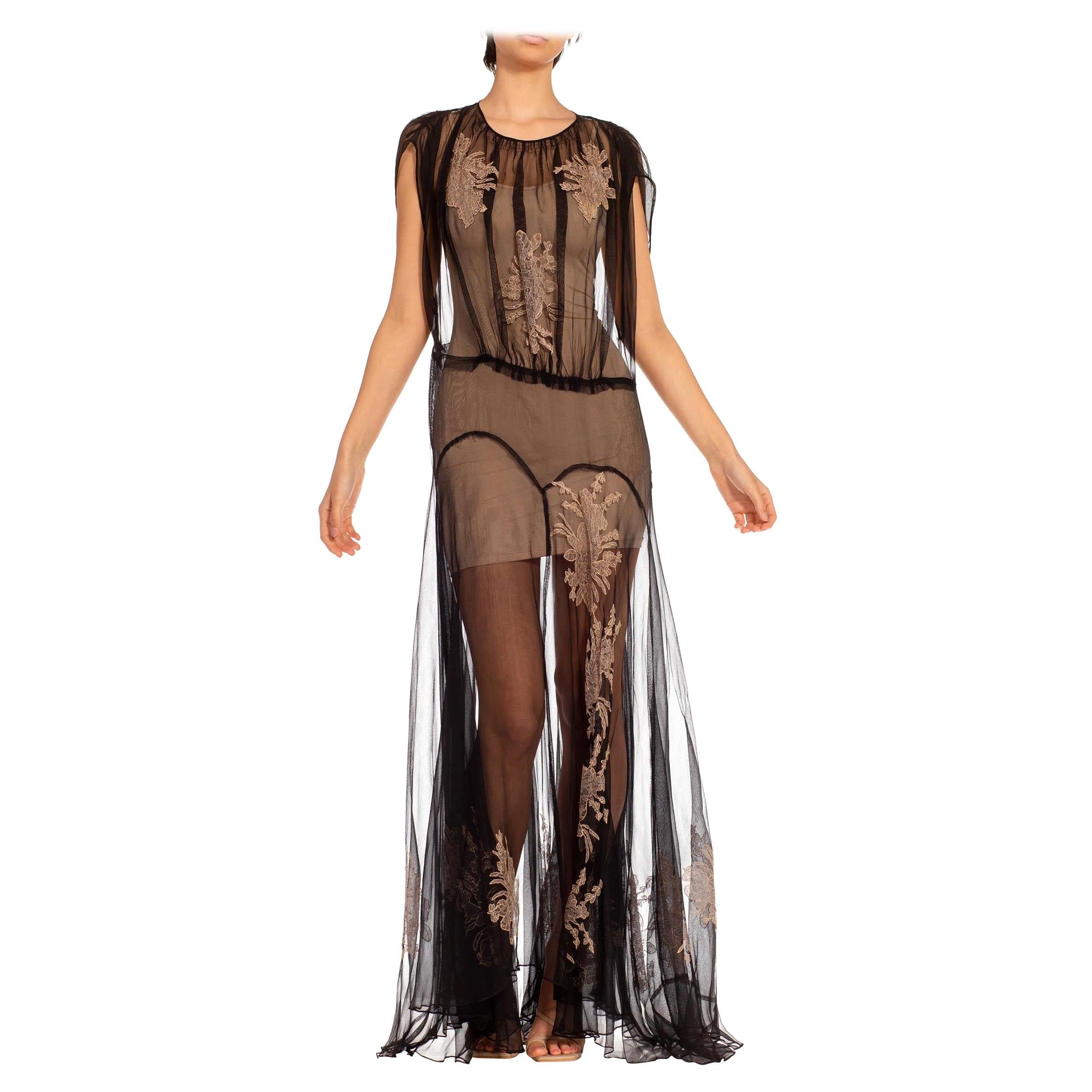 1920S Black & Beige Silk Chiffon Sheer Dress With Lace Appliqués XL