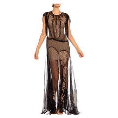 Antique 1920S Black & Beige Silk Chiffon Sheer Dress With Lace Appliqués XL