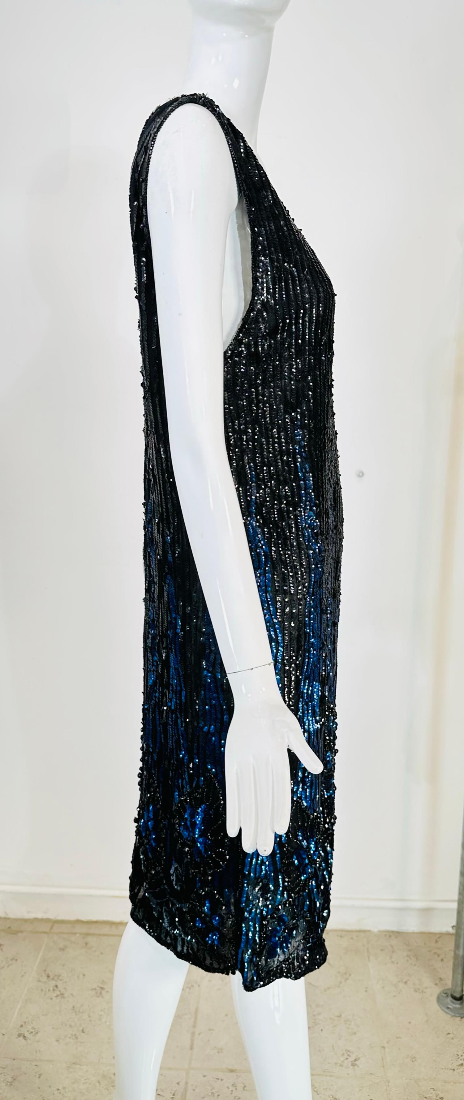 1920s Black & Blue Flame Sequin Flapper Dress In Good Condition For Sale In West Palm Beach, FL